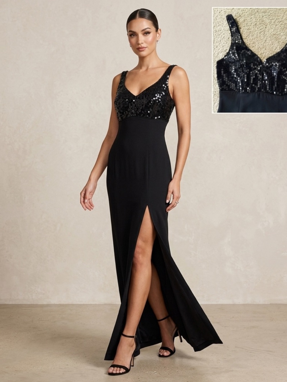 Reggio Sequin paillettes evening dress 6 Prom Maxi Ballgown Black shiny straps